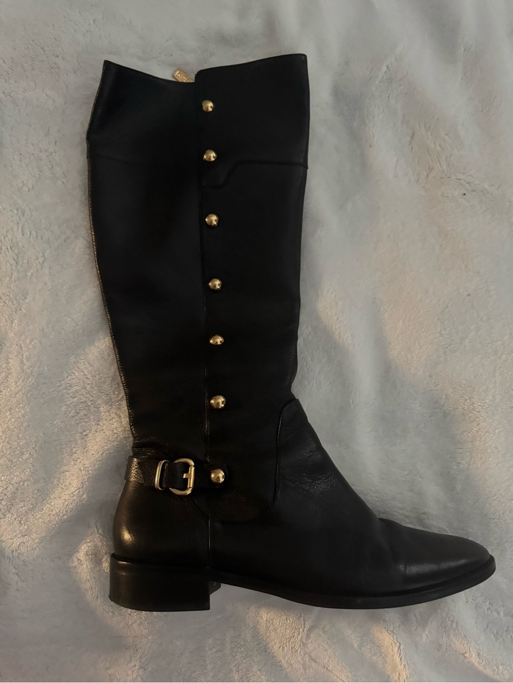KORS Michael Kors Black Leather Knee-High Riding Boots with Gold Hardware